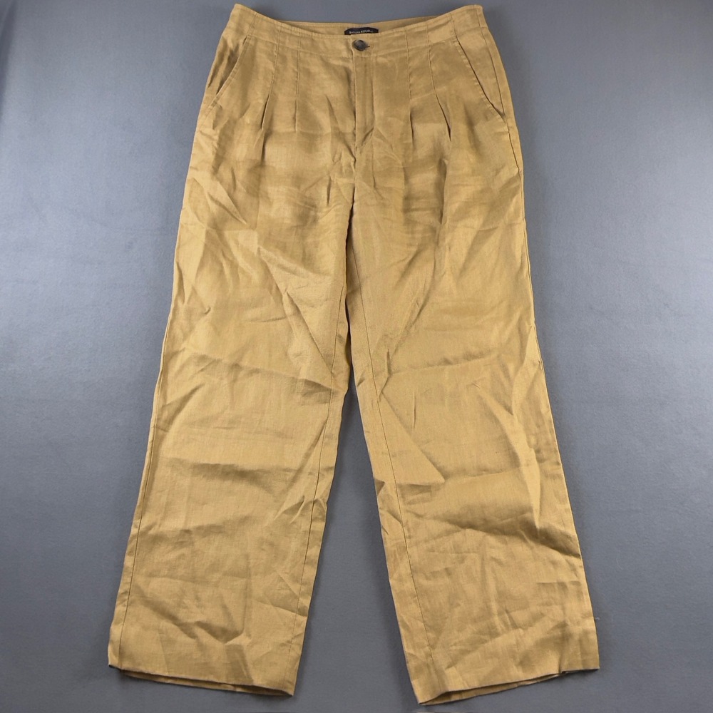 Banana Republic Women 12 Tan 100% Linen Pleated Wide Leg Trousers Pant High Rise